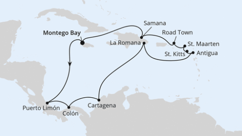 Karibik & Mittelamerika ab Jamaika Montego Bay/Jamaika - Puerto Limon - Colon - Cartagena/Kolumbien - La Romana/Dom. Republik - St.Johns - Basseterre - Philipsburg - Roadtown - Samana - Montego Bay/Jamaika