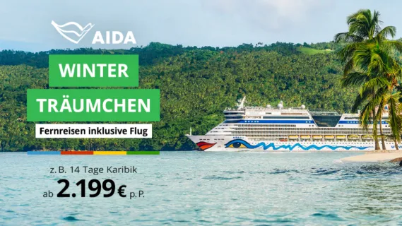 Fernweh-Highlights von AIDA: Pauschalreisen in die Karibik 26/27 AIDAdiva in der Karibik zwischen Palmen, links das AIDA Logo und der Schriftzug "Winter Träumchen Fernreisen inkl. Flug ab 2.199 € p. P."