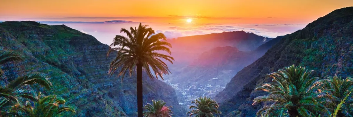 Kanaren und Madeira auf Musik-Reise entdecken Teneriffe bei Sonnenuntergang – im Hintergrung sind Berge zu sehen, während sich im Vordergrund eine Palme im Zentrum steht.