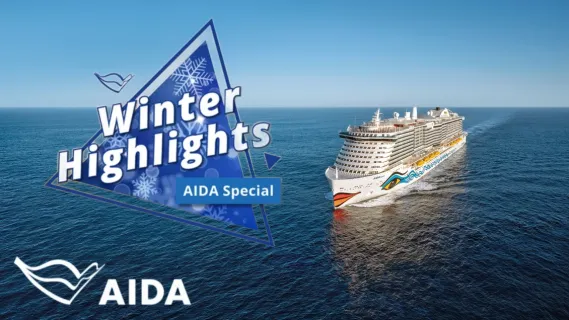 AIDA Special Winterhighlights 2026/2027 Rechts das Logo von den Winterhighlights und das Logo von AIDA, links das Schiff AIDAnova im tiefblauen Wasser.