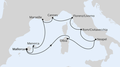 Mediterrane Highlights ab Mallorca Palma - Olbia/Sardinien - Neapel - Rom/Civitavecchia - Florenz/Livorno - Cannes - Marseille - Mahon/Menorca - Palma