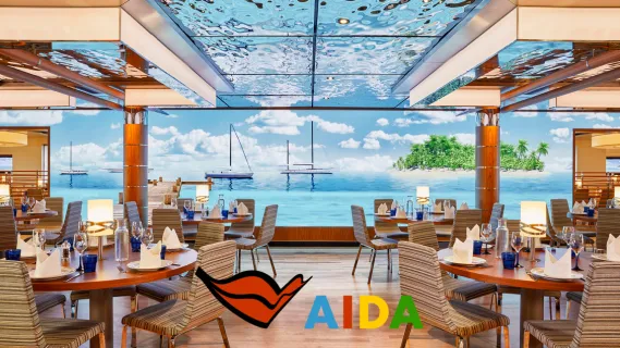 AIDA Last Minute 2026: Kulinarischen Genuss und maritimes Ambiente an Bord der Kussmundflotte erleben Modernes Bordrestaurant auf einem AIDA Schiff mit Blick auf das Meer – passend zu den AIDA Last Minute 2026 Angeboten.