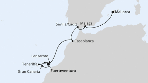 Andalusien & Kanaren ab Fuerteventura Puerto del Rosario - Santa Cruz De Tenerife - Las Palmas/Gran Canaria - Arrecife/Lanzarote - Casablanca - Sevilla/Cadiz - Malaga - Palma