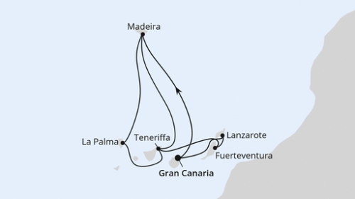 Große Kanaren-Reise mit Madeira ab Gran Canaria Las Palmas/Gran Canaria - Funchal/Madeira - Santa Cruz De Tenerife - Puerto del Rosario - Arrecife/Lanzarote - Las Palmas/Gran Canaria - Funchal/Madeira - Santa Cruz/La Palma - Santa Cruz De Tenerife - Puerto del Rosario - Arrecife/Lanzarote - Las Palmas/