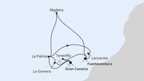 Große Rundreise Kanaren & Madeira Las Palmas/Gran Canaria - San Sebastian - Santa Cruz/La Palma - Arrecife/Lanzarote - Puerto del Rosario - Puerto del Rosario - Santa Cruz De Tenerife - Las Palmas/Gran Canaria - Santa Cruz/La Palma - Funchal/Madeira - Funchal/Madeira - Puerto del Rosario
