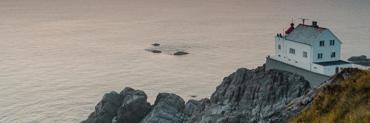 Explora Journeys: An Invitation to Celebrate – Nordeuropa Drei kleine Wale schwimmen direkt vor einer felsigen Klippe in Nordeuropa. Auf der Klippe steht ein altes, elegantes Haus.