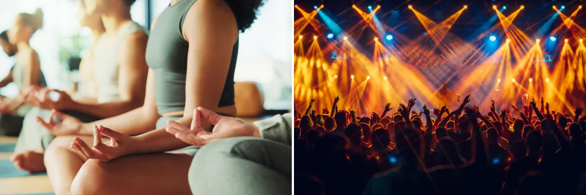 AIDA Event- & Themenreisen 2026: Wellness & Schlagerpartys 2-teiliges Bild: Links Menschen im Lotussitz beim Meditieren, Rechts Feiernde auf einem Konzert