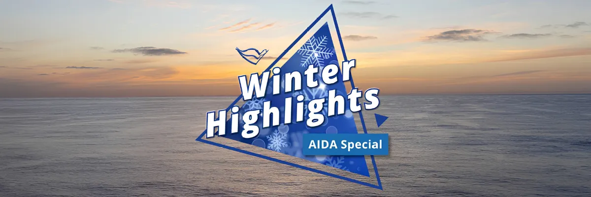 AIDA Winter Highlights 2026/27 Logo der AIDA Winter Highlights vor einem Sonnenuntergang über dem Meer.