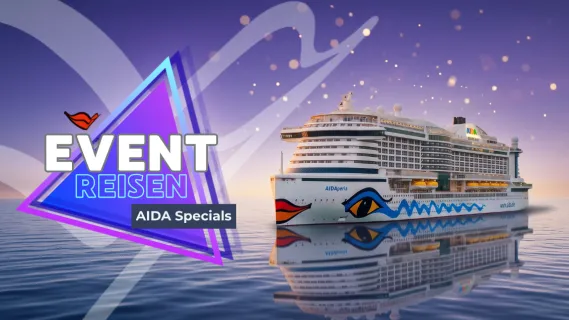 AIDA Specials: Event- & Themenreisen 2026/27 Frontansicht eines AIDA Schiffes auf See vor einem lila Hintergrund mit Gold-Flitter. Links der AIDA Kussmund in hellem Lila sowie das Logo der AIDA Eventreisen.