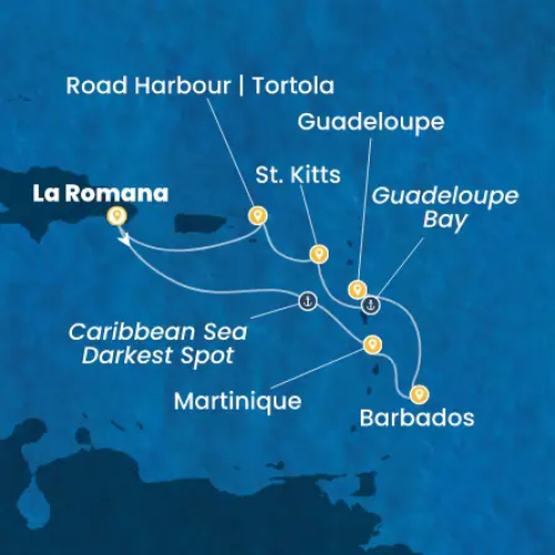 La Romana (Dominik. Republik) - Karibisches Meer 'darkest spot' - Fort de France - Bridgetown (Barbados) - Pointe-a-Pitre - Bucht von Guadeloupe - Bucht von Guadeloupe - Basseterre - Roadtown (Tortola) - La Romana (Dominik. Republik)