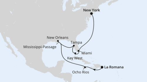 La Romana/Dom. Republik - Ocho Rios - Mississippi River Passage - New Orleans - New Orleans - New Orleans - Mississippi River Passage - Tampa - Tampa - Key West - Miami - Miami - New York City - New York City