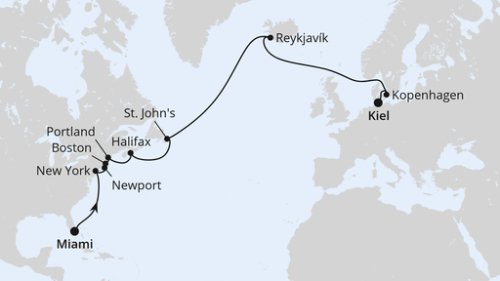 Miami - New York City - New York City - New York City - Newport - Boston - Boston - Portland - Halifax - St.Johns - Island/Reykjavik - Kopenhagen - Kiel