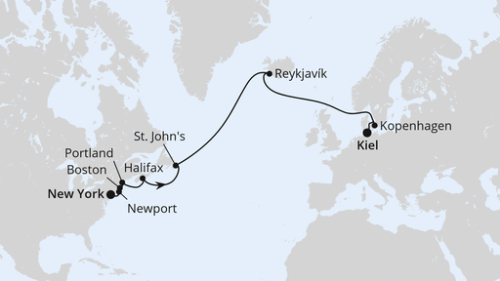 New York City - New York City - Newport - Boston - Boston - Portland - Halifax - St.Johns - Island/Reykjavik - Kopenhagen - Kiel