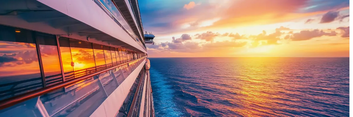 Malerischer Sonnenuntergang über dem Ozean reflektiert sich in den Balkonglasflächen des Schiffes.