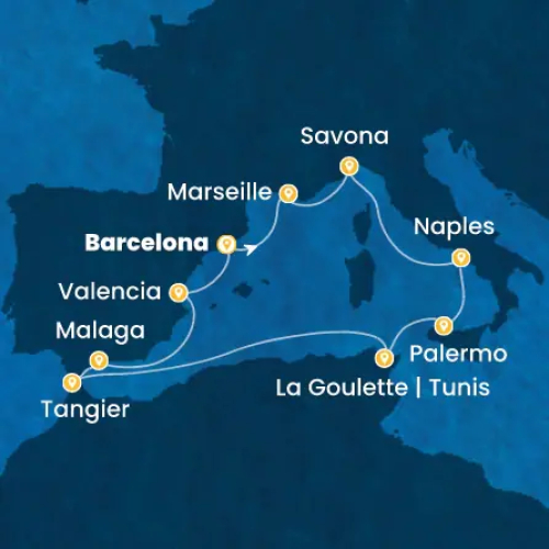 Barcelona (Spanien) - Marseille (Frankreich) - Savona (Italien) - Neapel (Italien) - Palermo (Italien) - La Goulette (Tunesien) - Tanger - Malaga (Spanien) - Valencia (Spanien) - Barcelona (Spanien)