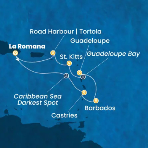 La Romana (Dominik. Republik) - Karibisches Meer 'darkest spot' - Port Castries (St.Lucia) - Bridgetown (Barbados) - Pointe-a-Pitre - Bucht von Guadeloupe - Bucht von Guadeloupe - Basseterre - Roadtown (Tortola) - La Romana (Dominik. Republik)