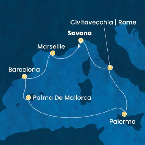 Savona (Italien) - Marseille (Frankreich) - Barcelona (Spanien) - Palma De Mallorca (Spanien) - Palermo (Italien) - Civitavecchia | Rom - Savona (Italien)