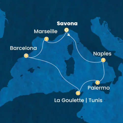 Savona (Italien) - Neapel (Italien) - Palermo (Italien) - La Goulette (Tunesien) - Barcelona (Spanien) - Marseille (Frankreich) - Savona (Italien)
