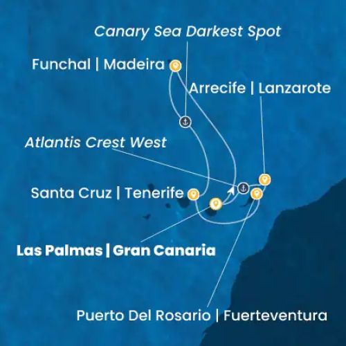 Las Palmas/ Gran Canaria - Funchal (Portugal) - Kanarisches Meer 'darkest spot' - St. Cruz de Tenerife (Spanien) - St. Cruz de Tenerife (Spanien) - Fuerteventura (Kanarische Inseln) - Arrecife (Lanzarote) - Arrecife (Lanzarote) - Atlantis Crest 