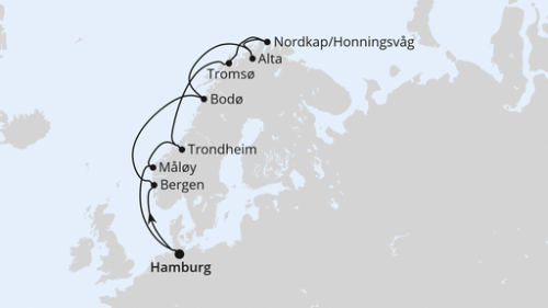 Winter im hohen Norden ab Hamburg Hamburg - Bergen - Bodo - Alta - Alta - Honningsvag/Nordkap - Tromsö - Tromsö - Trondheim - Maloy - Hamburg