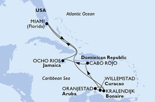 Miami - Kralendijk - Oranjestad - Willemstad - Cabo Rojo - Jamaika/Ocho Rios - Miami