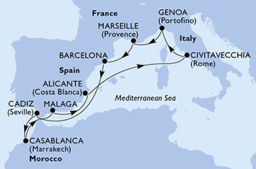 Civitavecchia (Rom) - Genua - Marseille - Barcelona - Sevilla/Cadiz - Casablanca - Malaga - Alicante - Civitavecchia (Rom)