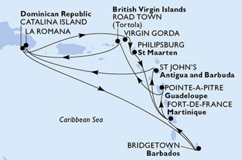 La Romana/Dom. Republik - Catalina Island - Virgin Gorda - Philipsburg - Fort De France - St.Johns - La Romana/Dom. Republik - Catalina Island - Bridgetown - Fort De France - Pointe A Pitre - Road Town