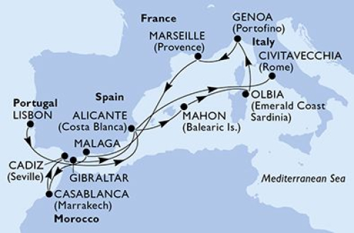 Lissabon - Alicante - Mahon/Menorca - Olbia - Genua - Marseille - Malaga - Casablanca - Sevilla/Cadiz - Gibraltar - Alicante - Civitavecchia (Rom)