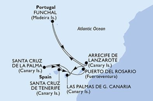 Santa Cruz De Tenerife - Puerto del Rosario - Madeira (Funchal) - Arrecife/Lanzarote - Las Palmas/Gran Canaria - Santa Cruz/La Palma - Santa Cruz De Tenerife