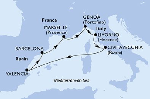 Civitavecchia (Rom) - Valencia - Barcelona - Marseille - Genua - Florenz/Livorno - Civitavecchia (Rom)