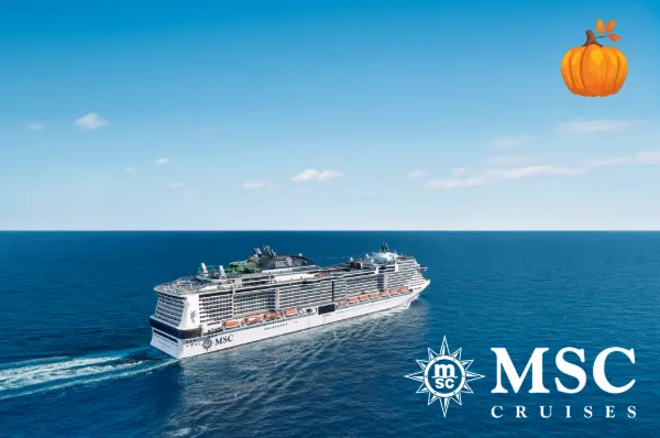 Mit der MSC-Flotte Traumreiseziele im Herbst entdecken MSC Grandiosa im See. Oben ein Kürbis als Symbol vom Herbst, unten rechts das Logo von MSC Cruises.
