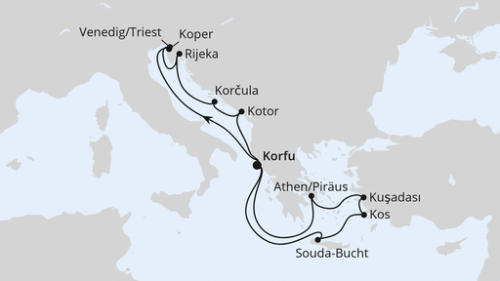 Korfu - Koper - Triest - Rijeka - Korcula - Kotor - Korfu - Soúda - Kos - Kusadasi - Piräus (Athen) - Korfu