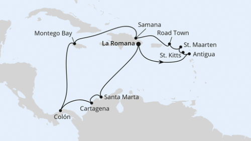 La Romana/Dom. Republik - St.Johns - Basseterre - Philipsburg - Roadtown - Samana - Montego Bay - Puerto Limon - Colon - Cartagena/Kolumbien - La Romana/Dom. Republik