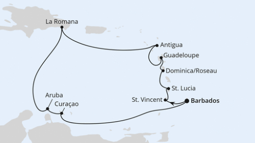 Bridgetown - Kingstown - Castries (St. Lucia) - Roseau - Pointe A Pitre - St.Johns - La Romana/Dom. Republik - Oranjestad - Willemstad - Willemstad - Bridgetown - Bridgetown