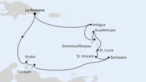 La Romana/Dom. Republik - Oranjestad - Willemstad - Willemstad - Bridgetown - Bridgetown - Kingstown - Castries (St. Lucia) - Pointe A Pitre - Roseau - St.Johns - La Romana/Dom. Republik