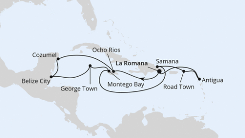 La Romana/Dom. Republik - Jamaika/Ocho Rios - Cozumel - Belize - George Town - Montego Bay - Samana - Roadtown - St.Johns - La Romana/Dom. Republik