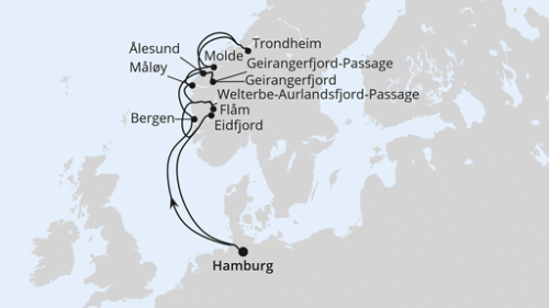 Hamburg - Bergen - Welterbe-Geirangerfjord-Pass - Geiranger - Alesund - Trondheim - Molde - Maloy - Flåm - Welterbe-Aurlandsfjord-Passage - Eidfjord - Hamburg