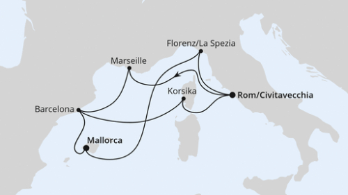 Civitavecchia (Rom) - Marseille - Barcelona - Palma de Mallorca - Florenz/La Spezia - Civitavecchia (Rom) - Ajaccio/Korsika - Barcelona - Palma de Mallorca