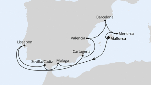 Palma de Mallorca - Malaga - Sevilla/Cadiz - Lissabon - Lissabon - Cartagena - Valencia - Barcelona - Mahon/Menorca - Palma de Mallorca