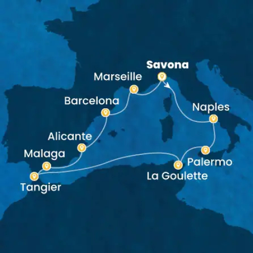 11 Nächte Italien, Tunesien, Marokko, Spanien, Frankreich Savona (Italien) - Neapel (Italien) - Palermo (Italien) - La Goulette (Tunesien) - Tanger - Malaga (Spanien) - Alicante (Spanien) - Barcelona (Spanien) - Marseille (Frankreich) - Savona (Italien)