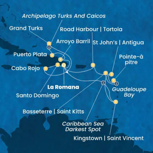 14 Nächte Dominik. Republik, Antillen, Jungferninseln, Turks Inseln La Romana (Dominik. Republik) - Karibisches Meer 'darkest spot' - Kingstown (Saint Vincent und Grenadine) - Antigua - Pointe-a-Pitre - Bucht von Guadeloupe - Bucht von Guadeloupe - Basseterre - Roadtown (Tortola) - La Romana (Dominik. Republik)