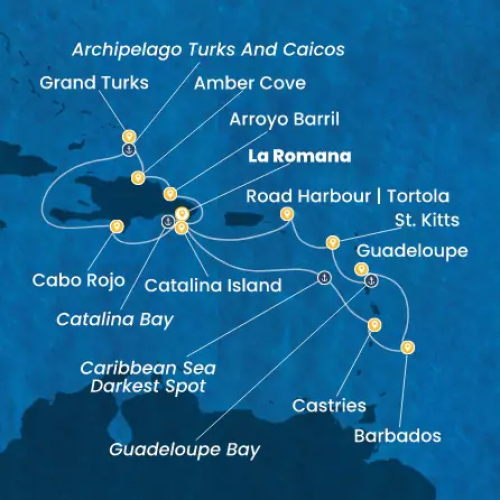 14 Nächte Dominik. Republik, Turks Inseln, Antillen, Jungferninseln La Romana (Dominik. Republik) - Catalina Island (Dominik.Republik) - Bucht von Catalina - Arroyo Barril (Samana) - Amber Cove (Dominikanische Republik) - Grand Turks (Turks Inseln) - Archipel der Turks- & Caicos-Inseln - Cabo Rojo
