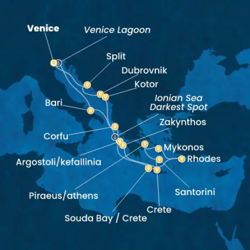14 Nächte Italien, Griechenland, Montenegro, Kroatien Venedig (Marghera) - Lagune von Venedig - Bari (Italien) - Korfu-Stadt - Argostoli Kefallina - Souda Bay / Kreta - Rhodos (Griechenland) - Mykonos (Griechenland) - Athen/Piraeus - Santorin (Griechenland) - Heraklion - Zacinto - 'Ionisches Meer '
