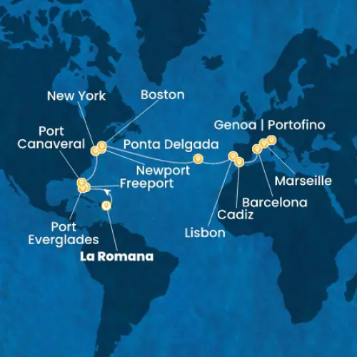 24 Nächte Dominik. Republik, Bahamas, Florida, USA, Azoren, Portugal, Spanien, Frankreich, Italien La Romana (Dominik. Republik) - Freeport (Bahamas) - Fort Lauderdale - Port Canaveral (Florida) - New York (USA) - Newport (USA) - Boston (USA) - Ponta Delgada (Azoren) - Lissabon (Portugal) - Cadiz (Spanien) - Barcelona (Spanien) - Marseille (Frankreich)