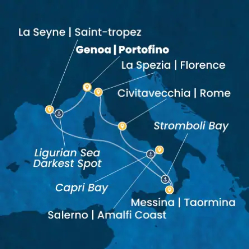 7 Nächte Italien, Frankreich Genua | Portofino - La Spezia | Florenz - Civitavecchia | Rom - Salerno | Amalfiküste - Bucht von Capri - Messina | Taormina - Bucht von Stromboli - La Seyne sur Mer | Saint-Tropez - Ligurische Meer 'darkest spot' - Ligurische Meer 'darkest