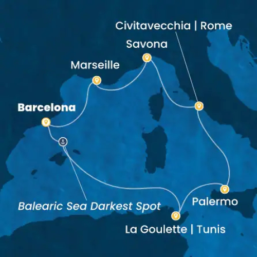 7 Nächte Spanien, Tunesien, Italien, Frankreich Barcelona (Spanien) - Balearisches Meer 'darkest spot' - Balearisches Meer 'darkest spot' - La Goulette (Tunesien) - Palermo (Italien) - Civitavecchia | Rom - Savona (Italien) - Marseille (Frankreich) - Barcelona (Spanien)