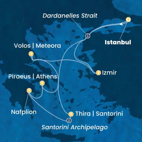 7 Nächte Türkei, Griechenland Istanbul (Türkei) - Izmir (Türkei) - Volos (Griechenlands) - Santorin (Griechenland) - Archipel von Santorin - Nauplie/ Nafplio - Athen/Piraeus - Dardanellen - Istanbul (Türkei)
