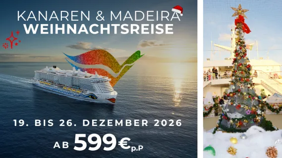 Weihnachtskreuzfahrt Kanaren und Madeira mit AIDAcosma vom 19. bis 26. Dezember 2026 ab 599 Euro pro Person AIDAcosma auf dem Meer bei Sonnenuntergang, daneben ein geschmückter Weihnachtsbaum an Bord, Kanaren und Madeira Weihnachtsreise vom 19. bis 26. Dezember 2026 ab 599 Euro pro Person