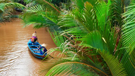 Eine alte Dame fährt auf einem kleinen Paddelboot auf dem Mekong entlang von Farnen.