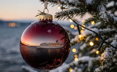 Weihnachtskugel mit Kreuzfahrtschiff Rote Weihnachtskugel an einem verschneiten Tannenzweig, im Glas spiegelt sich ein Kreuzfahrtschiff in der Abenddämmerung.